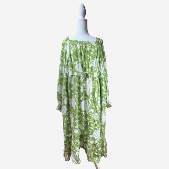 Ava & Viv Boho Maxi Dress 3X Green White Floral Smocked NWOT - Picture 1 of 6